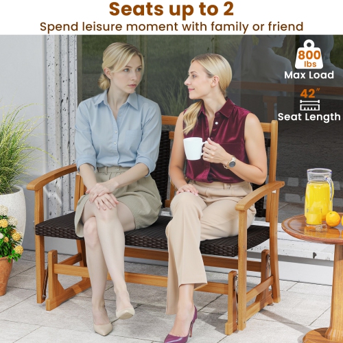 Gymax Patio Rattan Glider Bench Swing Gliding Rocker for 2 w/ Acacia Wood Frame