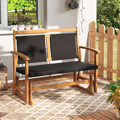 Gymax Patio Rattan Glider Bench Swing Gliding Rocker for 2 w/ Acacia Wood Frame