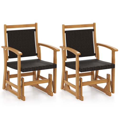 GYMAX  2PCs Patio Rattan Glider Chair W/ Acacia Wood Frame & Wicker Seat Back Armrests