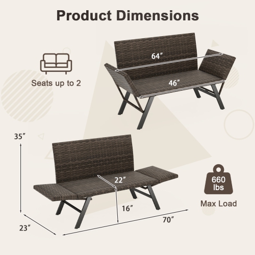 Gymax Patio Convertible Sofa for 2 w/ Adjustable Armrests Metal Frame Wicker Couch Outdoor