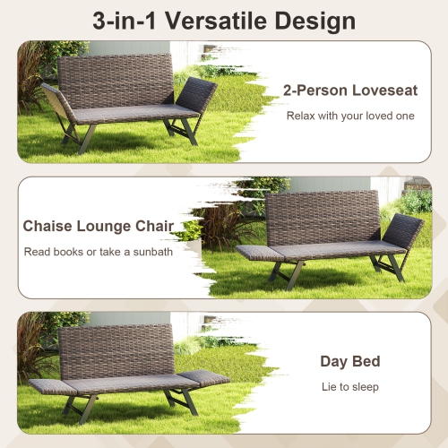 Gymax Patio Convertible Sofa for 2 w/ Adjustable Armrests Metal Frame Wicker Couch Outdoor