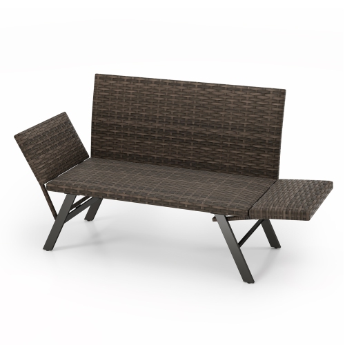 Gymax Patio Convertible Sofa for 2 w/ Adjustable Armrests Metal Frame Wicker Couch Outdoor