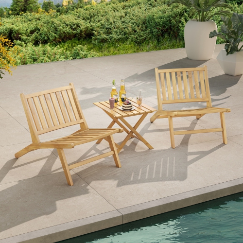 Gymax 2PCS Teak Wood Outdoor Reclining Chair Natural Mid Century Accent Chair w/ Backrest