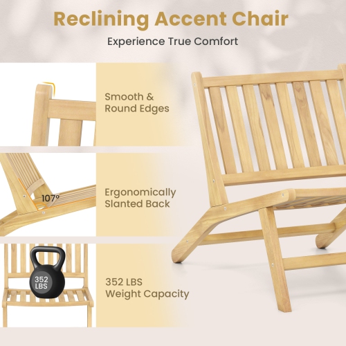 Gymax 2PCS Teak Wood Outdoor Reclining Chair Natural Mid Century Accent Chair w/ Backrest