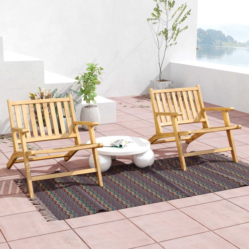 Gymax 2PCS Teak Wood Outdoor Reclining Chair w/ Comfortable Backrest & Armrests