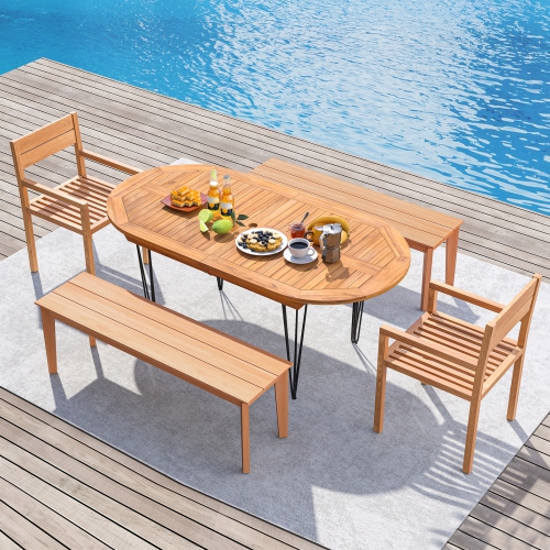 Gymax 71'' Patio Dining Table 6 Person Large Oval Table w/ Teak Wood Tabletop