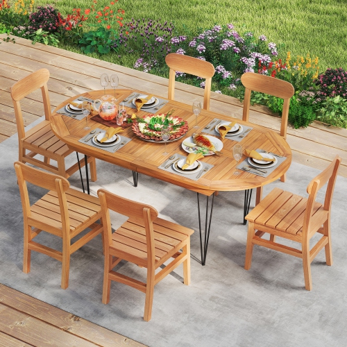 Gymax 71'' Patio Dining Table 6 Person Large Oval Table w/ Teak Wood Tabletop