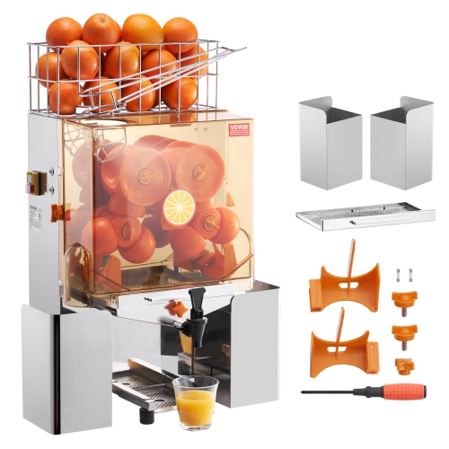 VEVOR 120W Commercial Orange Juicer Machine, Automatic Juice Extractor with Water Tap, Stainless Steel Orange Squeezer 20 Oranges/Minute, PC Cover, 2