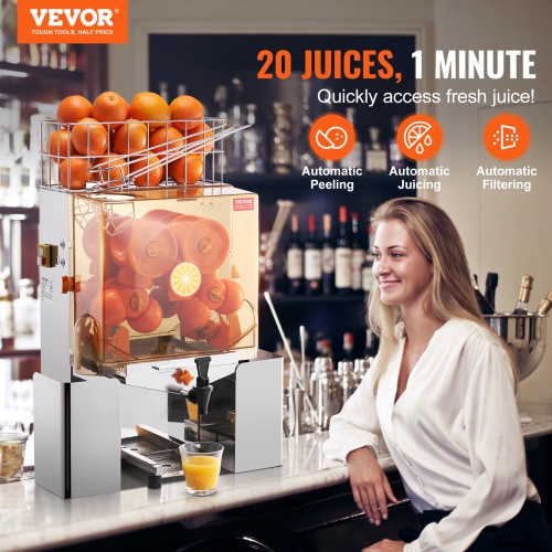 VEVOR 120W Commercial Orange Juicer Machine, Automatic Juice Extractor with Water Tap, Stainless Steel Orange Squeezer 20 Oranges/Minute, PC Cover, 2