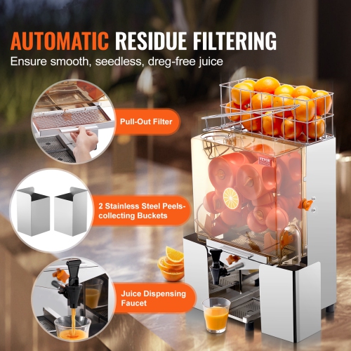 VEVOR 120W Commercial Orange Juicer Machine, Automatic Juice Extractor with Water Tap, Stainless Steel Orange Squeezer 20 Oranges/Minute, PC Cover, 2