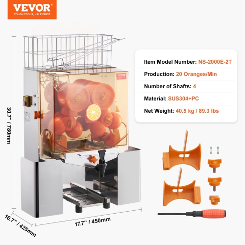 VEVOR 120W Commercial Orange Juicer Machine, Automatic Juice Extractor with Water Tap, Stainless Steel Orange Squeezer 20 Oranges/Minute, PC Cover, 2