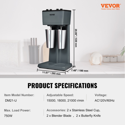 VEVOR 375W x 2 Milkshake Maker, Electric Milkshake Machine, Double Heads Drink Mixer Blender Machine, 3-Speed Milkshake Mixer with 2 x 820 ml