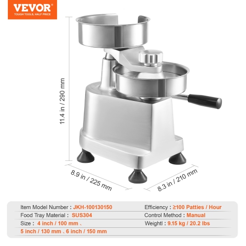 VEVOR Commercial Burger Patty Maker, Hamburger Beef Patty Maker with 3 Convertible Mold(4/5/6-inch), Heavy Duty Stainless Steel Burger Press Machine,