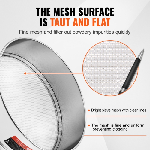 VEVOR 10 Mesh Flour Sieve Fine Mesh, Flour Sifter, 304 Stainless Steel Fine Mesh Sifter Food-grade, Dia. 12.6" Fine Mesh Strainers for Baking, 5