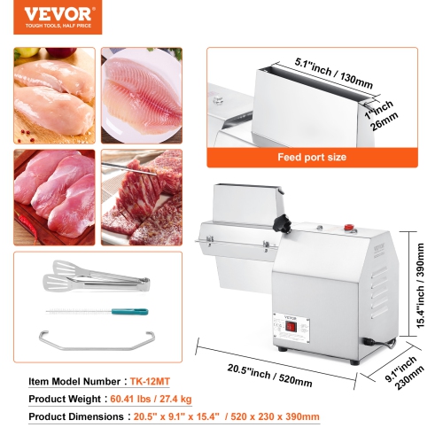 VEVOR 750W Commercial Meat Tenderizer, Heavy Duty 304 Stainless Steel Kitchen Tool with Meat Tong, Cleaning Brush, and Tray, Electric Meat Tenderizer