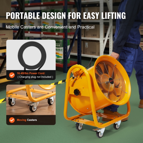 VEVOR 16" Portable Ventilator, Heavy Duty Cylinder Fan, 1100W Strong Shop Exhaust Fan 4240CFM, 16.4ft Power Cord, Industrial Utility Blower for