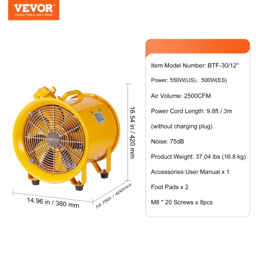 VEVOR 12" Portable Ventilator, Heavy Duty Cylinder Fan, 550W Strong Shop Exhaust Fan 2500CFM, 9.8ft Power Cord, Industrial Utility Blower for Sucking