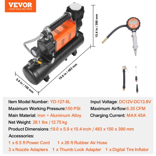 VEVOR 12V Heavy Duty Air Compressor with 6L Tank Kit, 6.35 CFM Portable Tire Inflator, 150PSI Offroad Air Compressor with Digital Pressure Gauge Tire