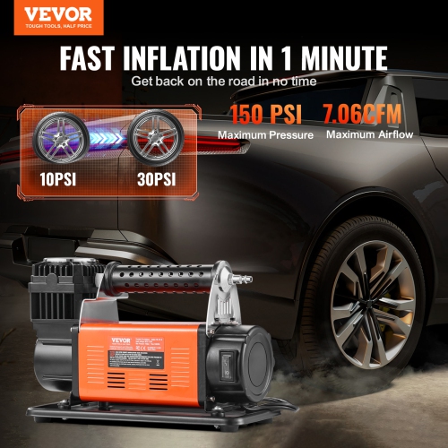 VEVOR 12V Portable Tire Inflator, 7.06CFM Heavy Duty Air Compressor, 150PSI Offroad Air Pump with Adapters - Include 6.5FT Power Cord, 26FT Air Hose