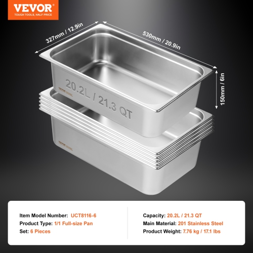 VEVOR 6 Pack Hotel Pans, Full Size Anti-Jam Steam Pan, 0.8mm Thick Stainless Steel Pan, 6-Inch Deep Commercial Table Pan, Catering Storage Food Pan,