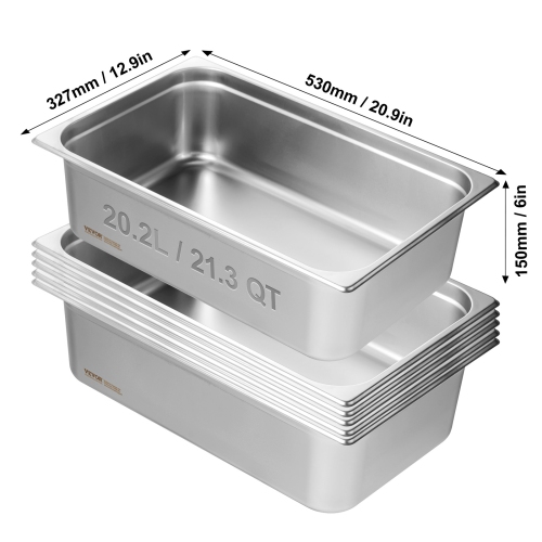 VEVOR 6 Pack Hotel Pans, Full Size Anti-Jam Steam Pan, 0.8mm Thick Stainless Steel Pan, 6-Inch Deep Commercial Table Pan, Catering Storage Food Pan,