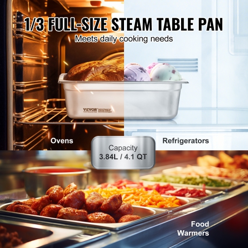 VEVOR 6 Pack Hotel Pans, 1/3 Size Anti-Jam Steam Pan, 0.8mm Thick Stainless Steel Pan, 4-Inch Deep Commercial Table Pan, Catering Storage Food Pan,