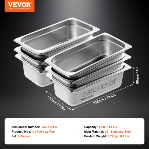 VEVOR 6 Pack Hotel Pans, 1/3 Size Anti-Jam Steam Pan, 0.8mm Thick Stainless Steel Pan, 4-Inch Deep Commercial Table Pan, Catering Storage Food Pan,