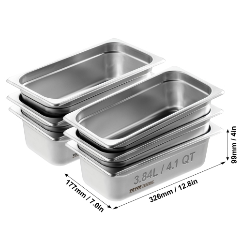 VEVOR 6 Pack Hotel Pans, 1/3 Size Anti-Jam Steam Pan, 0.8mm Thick Stainless Steel Pan, 4-Inch Deep Commercial Table Pan, Catering Storage Food Pan,