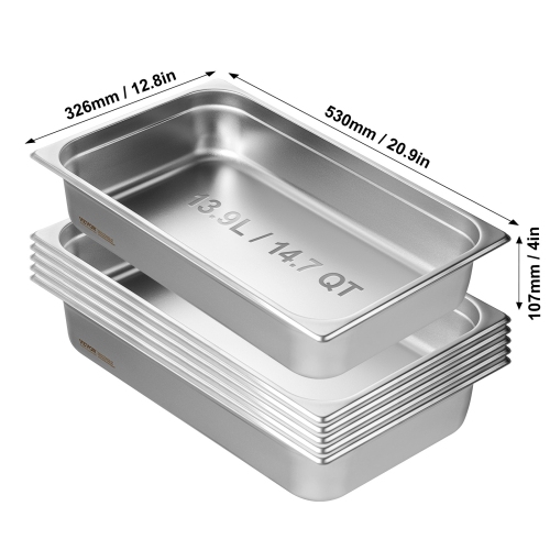 VEVOR 6 Pack Hotel Pans, Full Size Anti-Jam Steam Pan, 0.8mm Thick Stainless Steel Pan, 4-Inch Deep Commercial Table Pan, Catering Storage Food Pan,