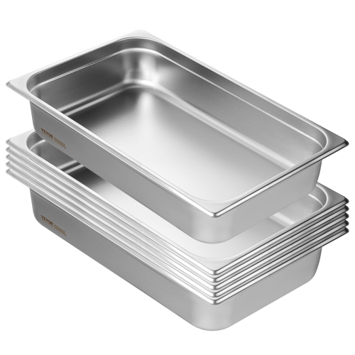 VEVOR 6 Pack Hotel Pans, Full Size Anti-Jam Steam Pan, 0.8mm Thick Stainless Steel Pan, 4-Inch Deep Commercial Table Pan, Catering Storage Food Pan,