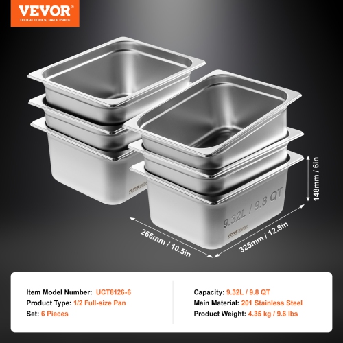 VEVOR 6 Pack Hotel Pans, 1/2 Size Anti-Jam Steam Pan, 0.8mm Thick Stainless Steel Pan, 6-Inch Deep Commercial Table Pan, Catering Storage Food Pan,