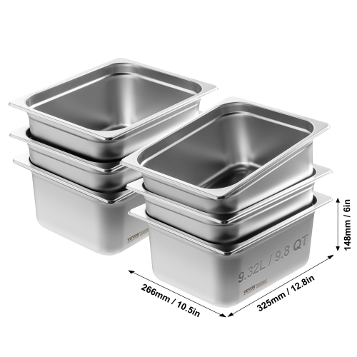 VEVOR 6 Pack Hotel Pans, 1/2 Size Anti-Jam Steam Pan, 0.8mm Thick Stainless Steel Pan, 6-Inch Deep Commercial Table Pan, Catering Storage Food Pan,