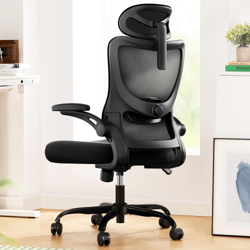 HUANUO Ergonomic High Back Office Chair with Adjustable Lumbar Support, Headrest, Flip-Up Armrests, Mesh Back, Supportive Cushion Perfect for Home &
