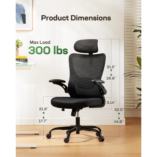 HUANUO Ergonomic High Back Office Chair with Adjustable Lumbar Support, Headrest, Flip-Up Armrests, Mesh Back, Supportive Cushion Perfect for Home &