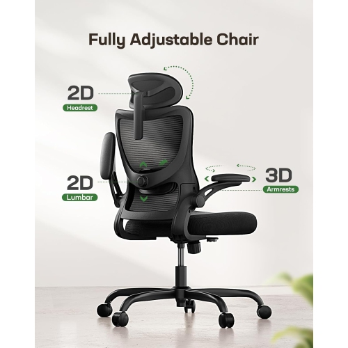 HUANUO Ergonomic High Back Office Chair with Adjustable Lumbar Support, Headrest, Flip-Up Armrests, Mesh Back, Supportive Cushion Perfect for Home &
