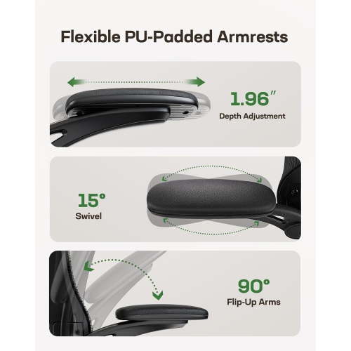 HUANUO Ergonomic High Back Office Chair with Adjustable Lumbar Support, Headrest, Flip-Up Armrests, Mesh Back, Supportive Cushion Perfect for Home &