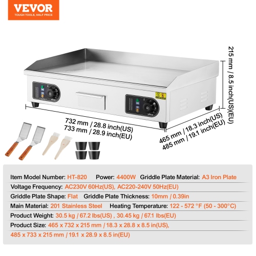 VEVOR 4400W Commercial Electric Griddle, Countertop Flat Top Grill, 122℉-572 ℉ Adjustable Temp, 28.74 x 15.75 x 0.39in Stainless Steel Griddle Grill
