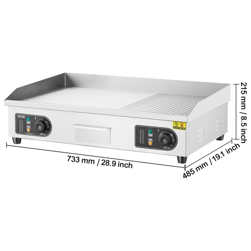 VEVOR 2800W Commercial Electric Griddle, Countertop Half-Flat Top Grill, 122℉-572℉ Adjustable Temp, 28.74x15.75x0.39in Stainless Steel Griddle Grill