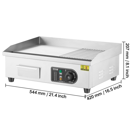 VEVOR 1600W Commercial Electric Griddle, Countertop Half-Flat Top Grill, 122℉-572℉ Adjustable Temp, 21.26x11.81x0.39in Stainless Steel Griddle Grill
