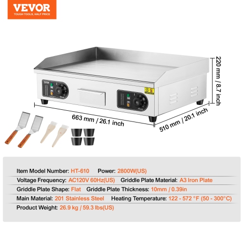 VEVOR 2800W Commercial Electric Griddle, Countertop Flat Top Grill, 122℉-572 ℉ Adjustable Temp, 25.98x15.75x0.39in Stainless Steel Griddle Grill with