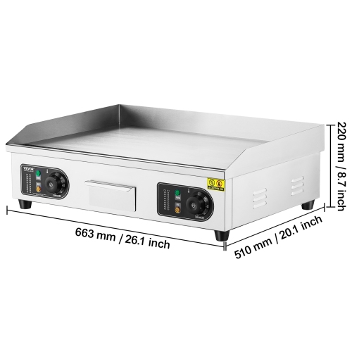 VEVOR 2800W Commercial Electric Griddle, Countertop Flat Top Grill, 122℉-572 ℉ Adjustable Temp, 25.98x15.75x0.39in Stainless Steel Griddle Grill with