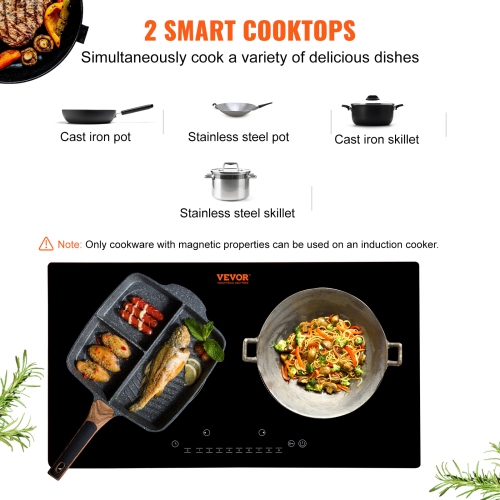 VEVOR 24'' Electric Cooktop, 2 Burners, Induction Stove Top,Built-in Magnetic Cooktop 1800W,9 Heating Level Multifunctional Burner,LED Touch Screen