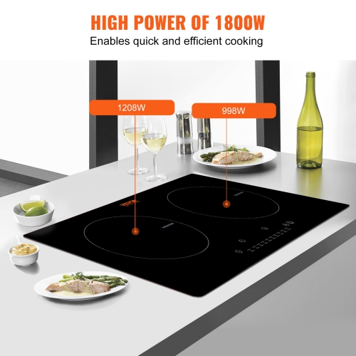 VEVOR 24'' Electric Cooktop, 2 Burners, Induction Stove Top,Built-in Magnetic Cooktop 1800W,9 Heating Level Multifunctional Burner,LED Touch Screen