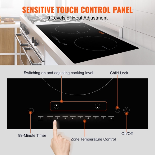VEVOR 24'' Electric Cooktop, 2 Burners, Induction Stove Top,Built-in Magnetic Cooktop 1800W,9 Heating Level Multifunctional Burner,LED Touch Screen