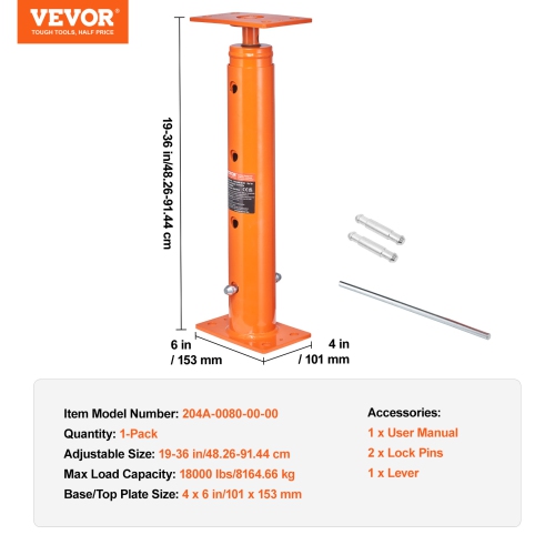 VEVOR 19"-36" House Floor Jack, 18000 lbs Max Load Capacity, Adjustable Support Beam Basement Jack Post Pole for Leveling, Lift Support Steel