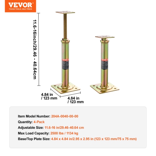 VEVOR 4 Pack House Floor Jacks, 11.6"-16" Height Range, 2500 lbs Max Load Capacity Per Unit, Adjustable Support Beam Basement Jack Post for Leveling,