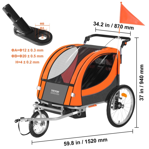 Remorque pour vélo 100 lb de VEVOR pour tout-petits, enfants, siège double, porte-bébé à auvent 2-en-1 se convertit en poussette, remorque à