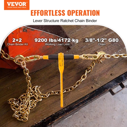 VEVOR 3/8"-1/2" Chain and Binder Kit, Ratchet Load Binders 9200 lbs Working Load Limit, 3/8" x 10' G80 Chains with Grab Hooks, Ratchet Binders and