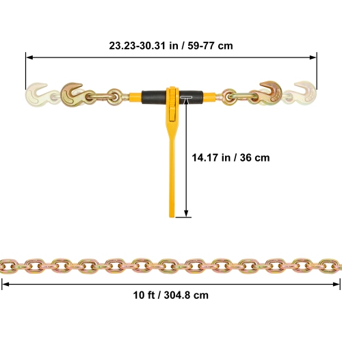VEVOR 3/8"-1/2" Chain and Binder Kit, Ratchet Load Binders 9200 lbs Working Load Limit, 3/8" x 10' G80 Chains with Grab Hooks, Ratchet Binders and