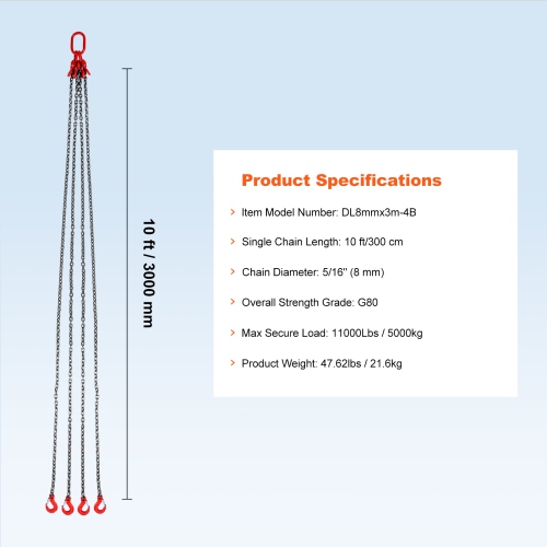 VEVOR 5/16 inch x 10 ft Chain Sling, Lifting Chains with Hooks,G80 Engine Chain Hoist Lifts, 11000 lbs/5 Ton Lifting Sling Chains for Engine